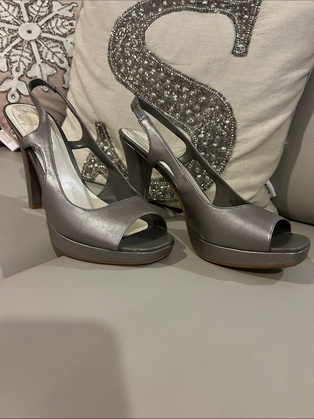 Nine West Silver Metallic Peep-Toe Slingback Heels